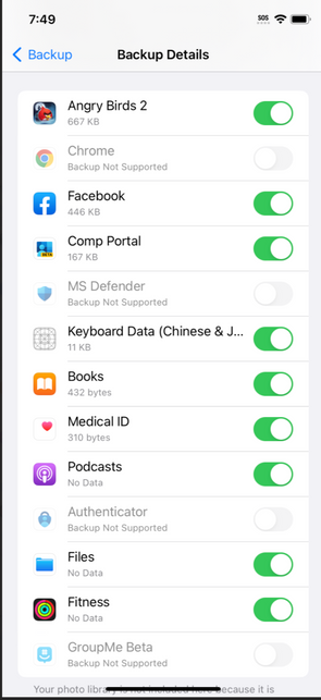 Schermata di backup delle app su iPhone iOS