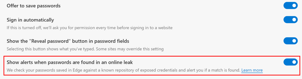 Microsoft Edge: Show alerts when passwords are found in an online leak