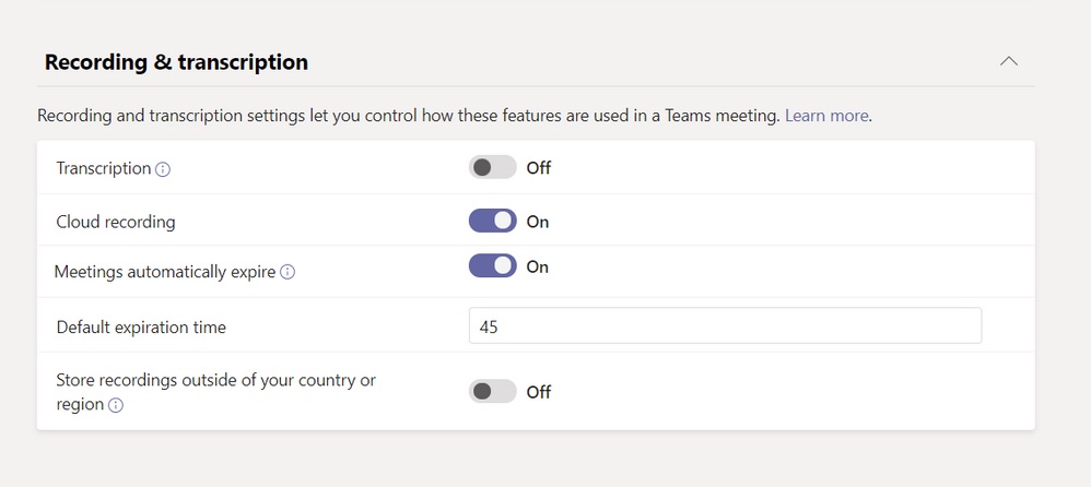 Automatic expiration Teams meeting recordings