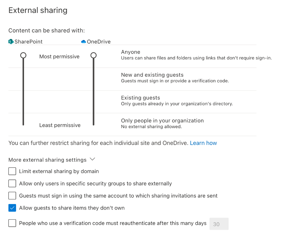 Gestione impostazioni di condivisione SharePoint Online