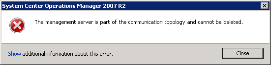 Errore The management server is part of the communication topology and cannot be deleted
