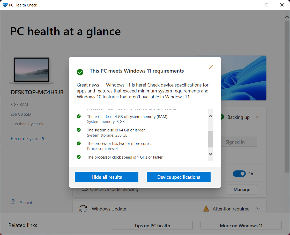 Schermata windows Health Check app