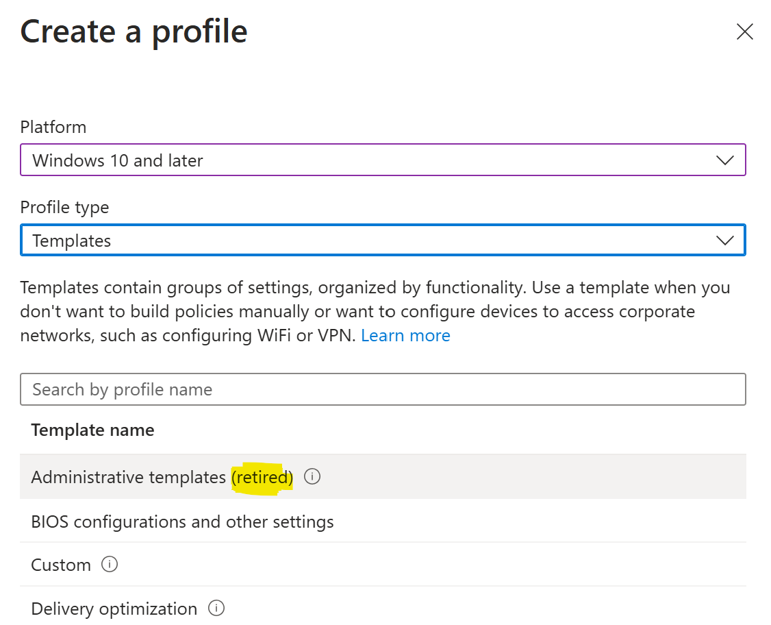 Screenshot of ending support for Administrative Templates