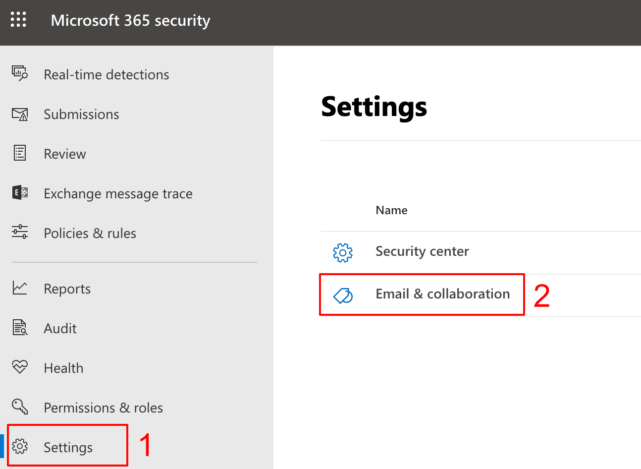 Impostazioni Email & Collaboration portale security.microsoft.com